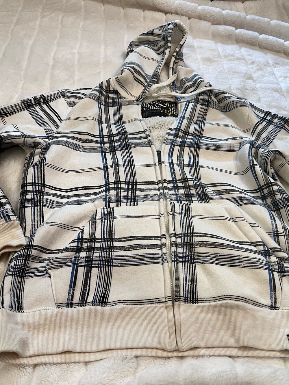 NSS Men’s Medium Blue White Big Plaid Hoodie Full Zipper Fleece Inside